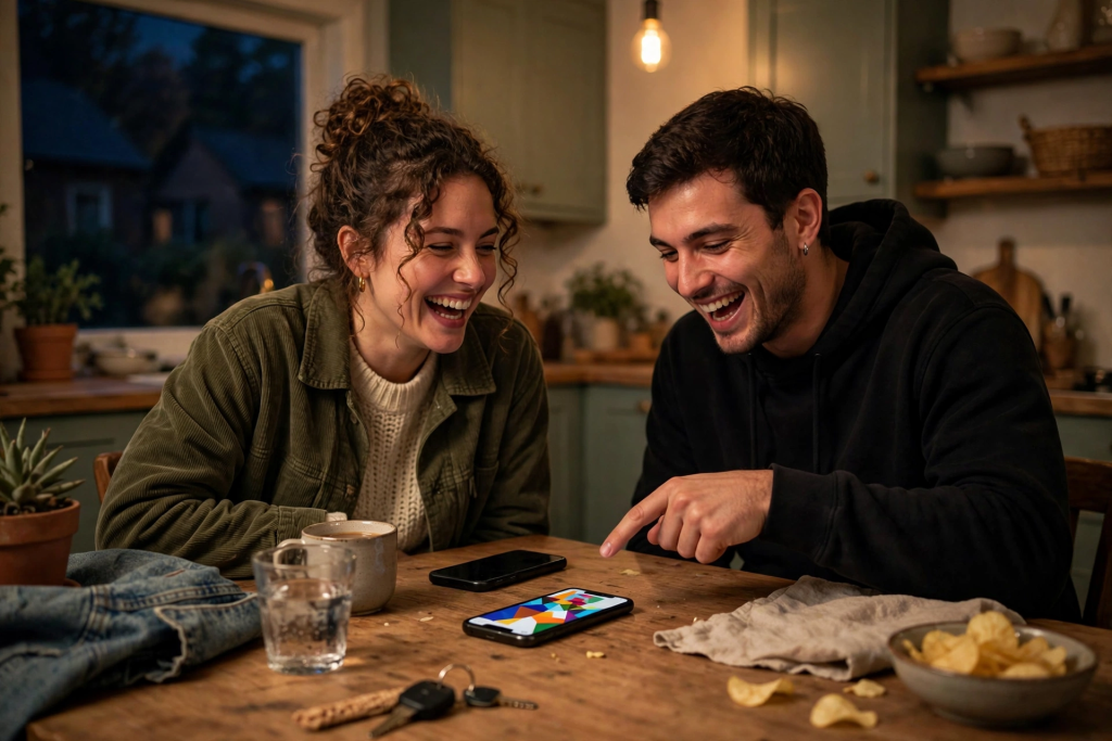 Two friends laughing at a female delusion calculator result on a phone