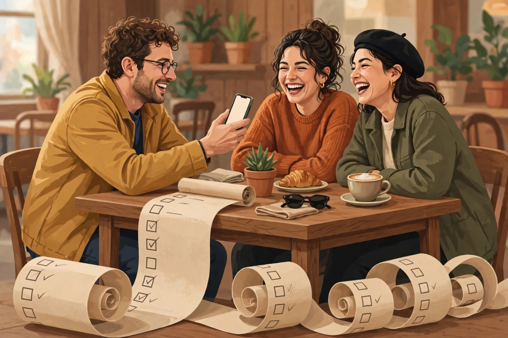 Friends laughing at an impossibly long dating checklist