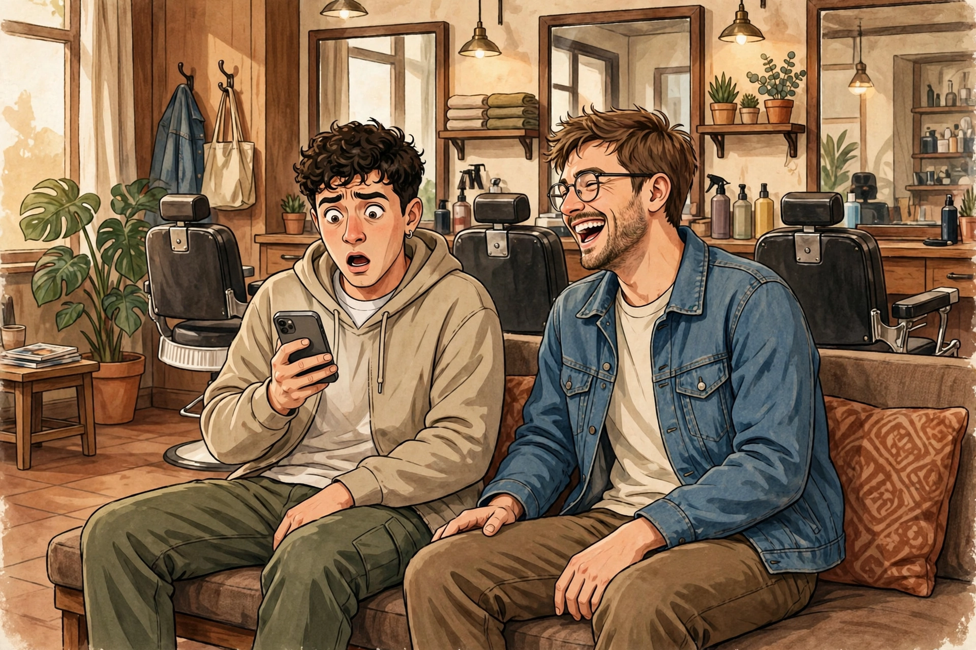 How the Male Delusion Calculator Works (And What Your Score Actually Means) 1 A guy shocked at his calculator score on his phone while his friend laughs in a barbershop